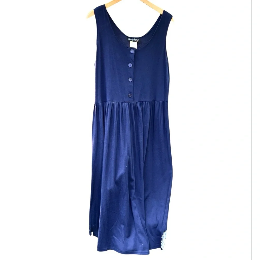 Vtg CHAMPAGNE Maxi Dress Drop-Waist Navy Minimalist Lagenlook NWT 90's‎ X-large